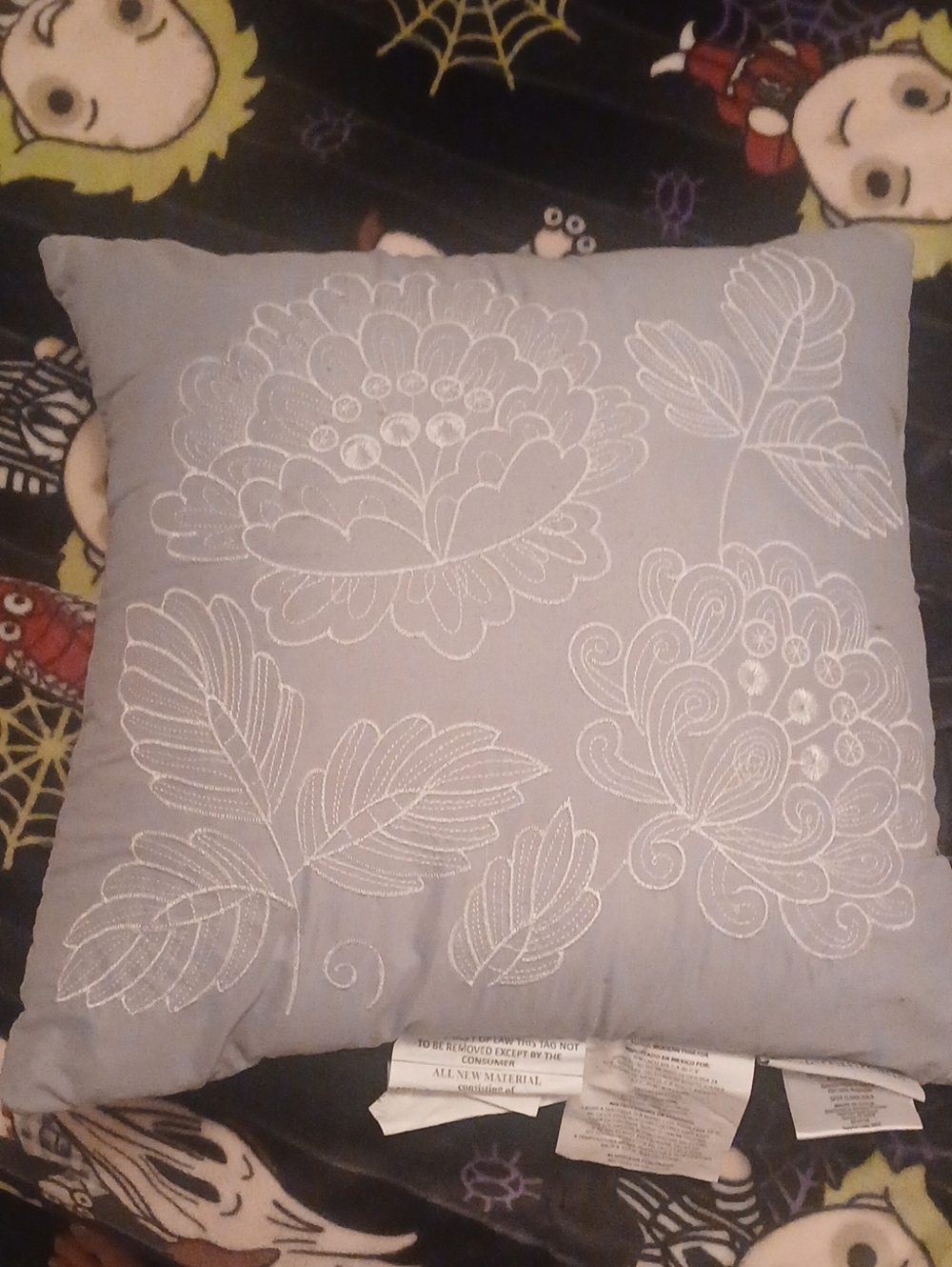 Embroidered Floral Accent Pillow in Light Gray